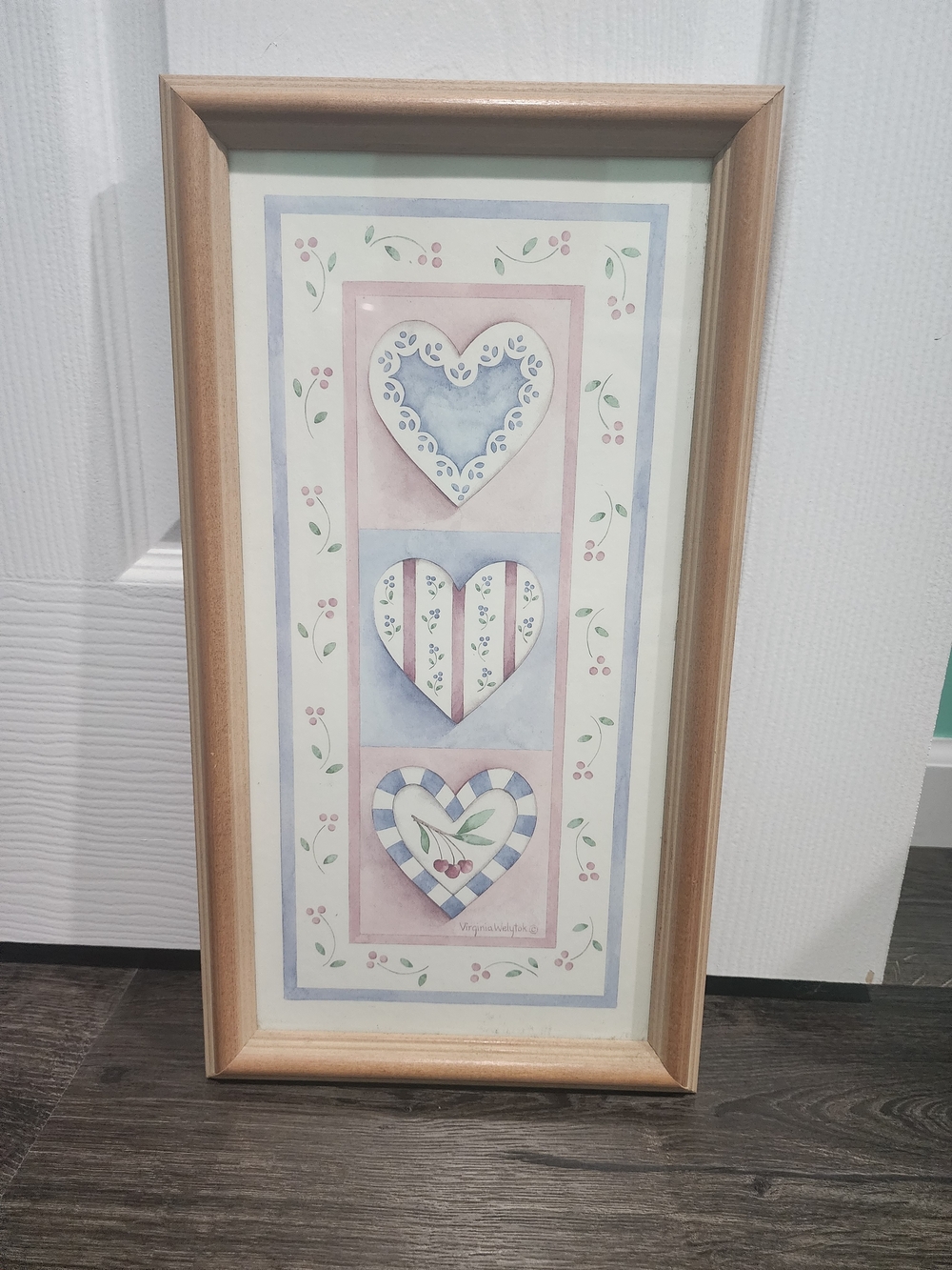 Vtg 1980s Hearts Pastels Framed Print By Virginia Welytok Granny Country Cottage
